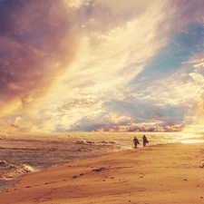 sea, clouds, People, Beaches