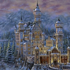 Castle, winter, picture, Neuschwanstein