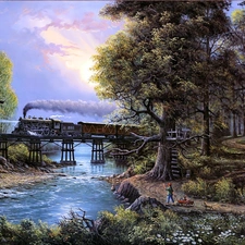 Train, River, picture, bridge