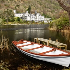 Castle, summer, pier, Boat, lake, forest