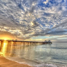 pier, clouds, sun, sea, west