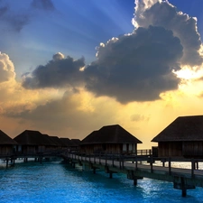 pier, Houses, sun, sea, west