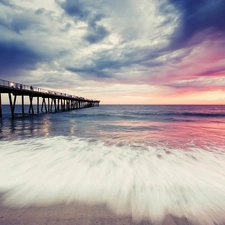 sea, clouds, pier, Waves