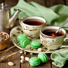 cups, Cookies, pistachios, tea