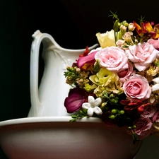 pitcher, bowl, flowers, White, bouquet