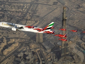 plane, passenger, scraper, clouds, Dubaj