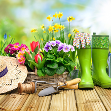 planting, Spring, flowers, tools, basket, watering can, Hat, primroses, wellingtons