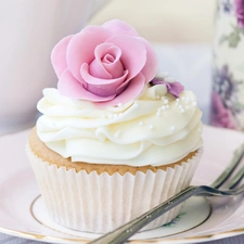 cake, fork, plate, rose