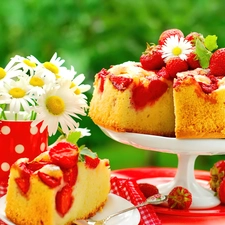 cake, Flowers, Plates, strawberries