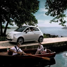 Platform, Fiat 500, lake, Boat, Tourists