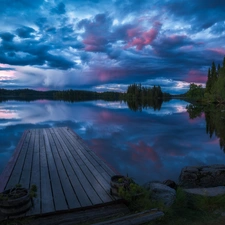 lake, Platform, viewes, Clouds, trees, Ringerike, Norway, Sky