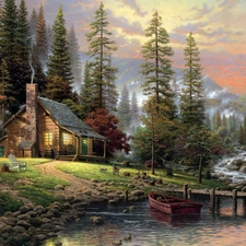 Pond - car, Thomas Kinkade, trees, viewes, Home