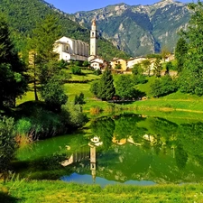 Pond - car, reflection, Church, Houses, Mountains