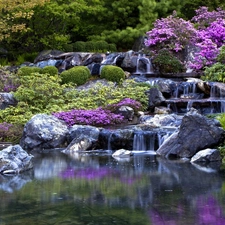 Stones, cascade, Pond - car, Bush