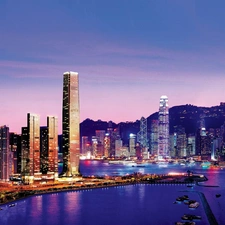 port, Yachts, night, skyscraper, Hong Hong