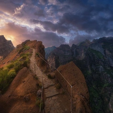 Great Sunsets, rocks, madeira, Path, Mountains, clouds, Portugal
