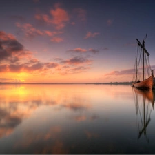 Przebijające, ligh, sailing vessel, sun, luminosity, clouds, sea, flash