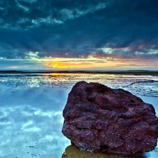 stone, Przebijające, luminosity, ligh, flash, sea, clouds, sun