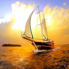 Przebijające, sun, sea, Island, sailing vessel