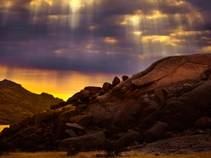 View, Przebijające, luminosity, ligh, flash, clouds, rocks, sun