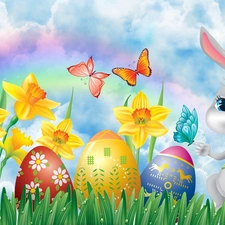 eggs, Easter, rabbit, Daffodils, butterfly, color