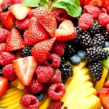 raspberries, kiwi, strawberries, blackberries, Fruits