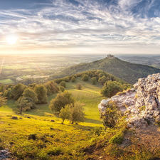 trees, Hohenzollern Mountain, Rocks, viewes, rays of the Sun, Germany, Baden-Württemberg, woods, Hohenzollern Castle, clouds, Hill