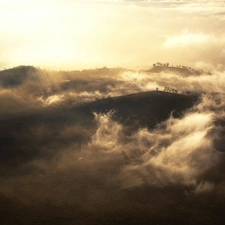 Mountains, sun, rays, clouds