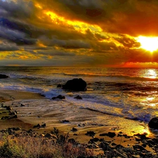 rays, sun, Stones, clouds, Beaches