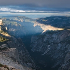 rays, sun, forest, canyon, Mountains