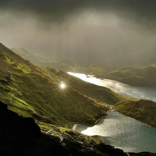 rays, sun, Ponds, morning, Mountains