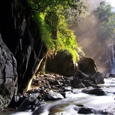 rays, sun, River, waterfall, rocks