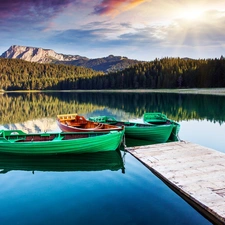 Mountains, lake, rays, sun, woods, boats