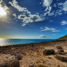 rocks, sea, rays, sunny, Stones, Waves