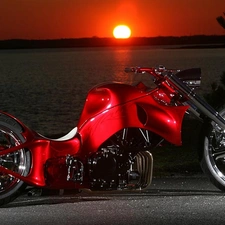 Red, motor-bike, sun, lake, west