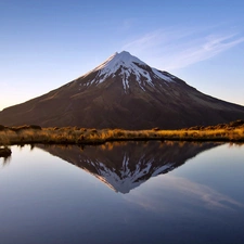 mountains, lake, reflection, autumn, Taranaki, Meadow