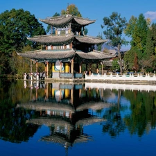 reflection, pagoda, lake