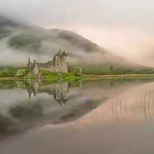 mountains, lake, reflection, ruins