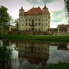 palace, water, reflection, Wojanow