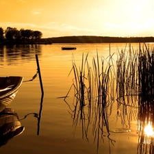 reflection, sun, moored, Boat, lake