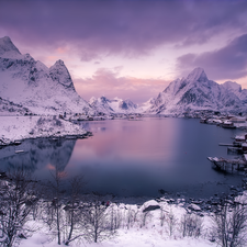 Reine Village, Norwegian Sea, clouds, winter, Mountains, Lofoten, Norway, Houses