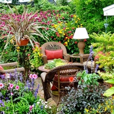 Garden, furniture, relaxation, Flowers