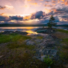 Ringerike Municipality, lake, Boat, Stones, viewes, Norway, Great Sunsets, trees