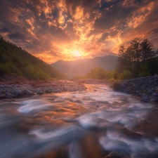 Stones, trees, Racha-Lechkhumi Region, viewes, Rioni River, Great Sunsets, Georgia