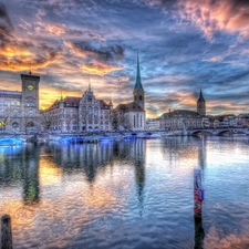 River, bridge, Zurich, Town, Switzerland
