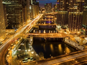 River, Bridges, town, night, panorama