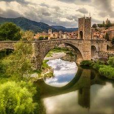 River, Bush, Spain, bridge, Besalu