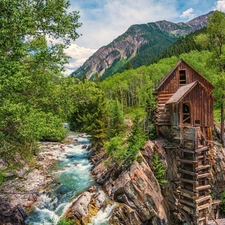 River, Mountains, Colorado, Windmill, Crystal Mill