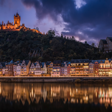 vessels, Houses, City of Cochem, Moselle River, Reichsburg Castle, light, Germany