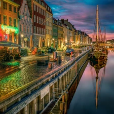 Ship, City at Night, Denmark, River, Houses, Copenhagen, port